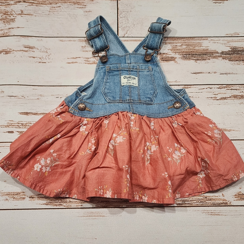 OSH KOSH Denim Overall Dress Floral Peach Baby Girl 12 Months